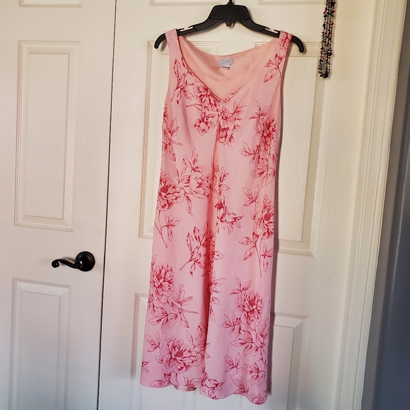 Pink Floral Sleeveless Midi Dress Linen Blend Pullover Shirt Sheath Casual Sz 10 - Picture 1 of 8